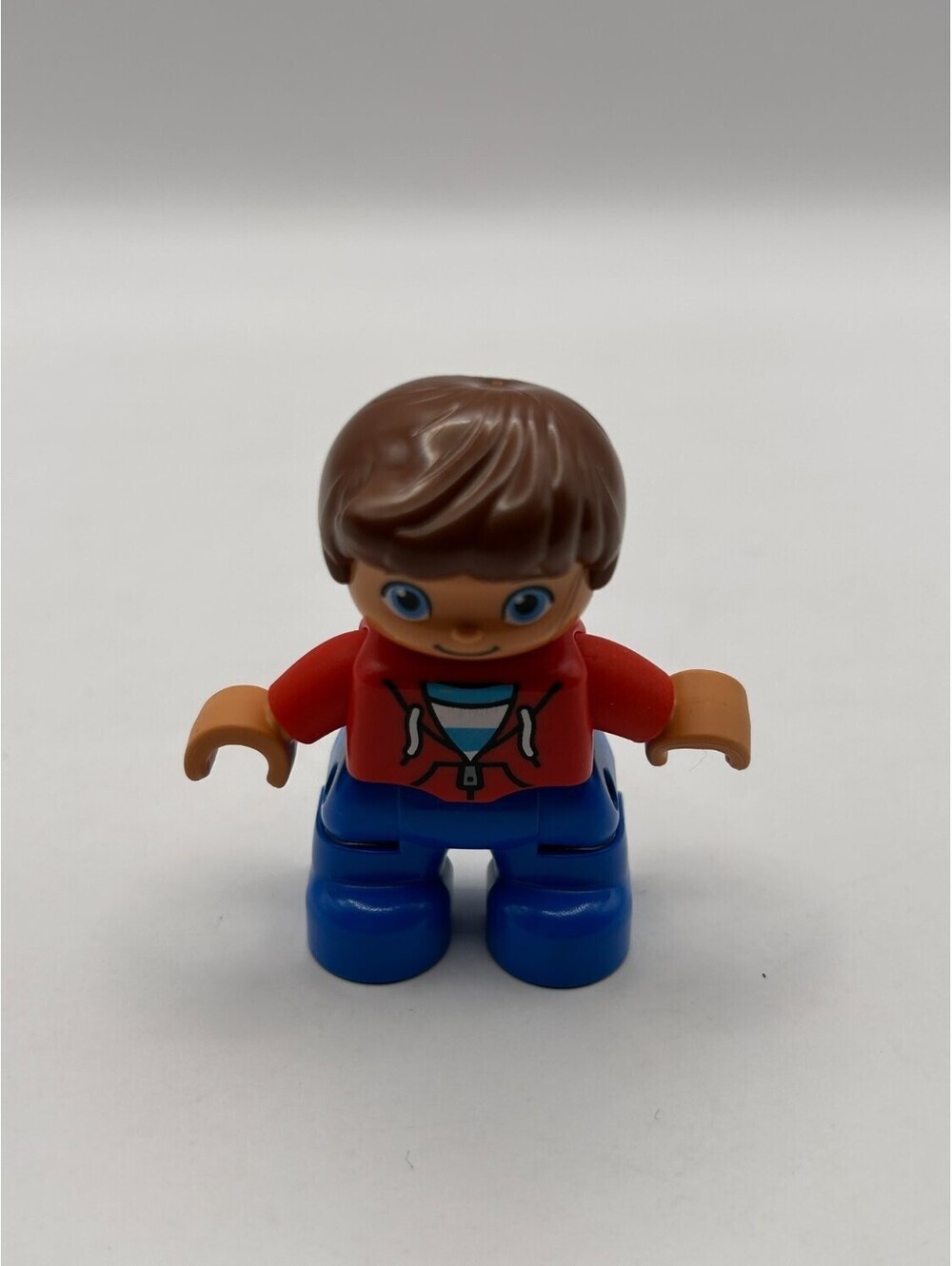 LEGO Duplo Boy Red Hoodie Blue Stripe Shirt Brown Hair Blue Pants Figure Used